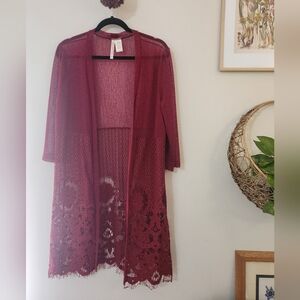 Forgotten Grace Red Crochet Lace Open Front Cardigan Duster. Size M.